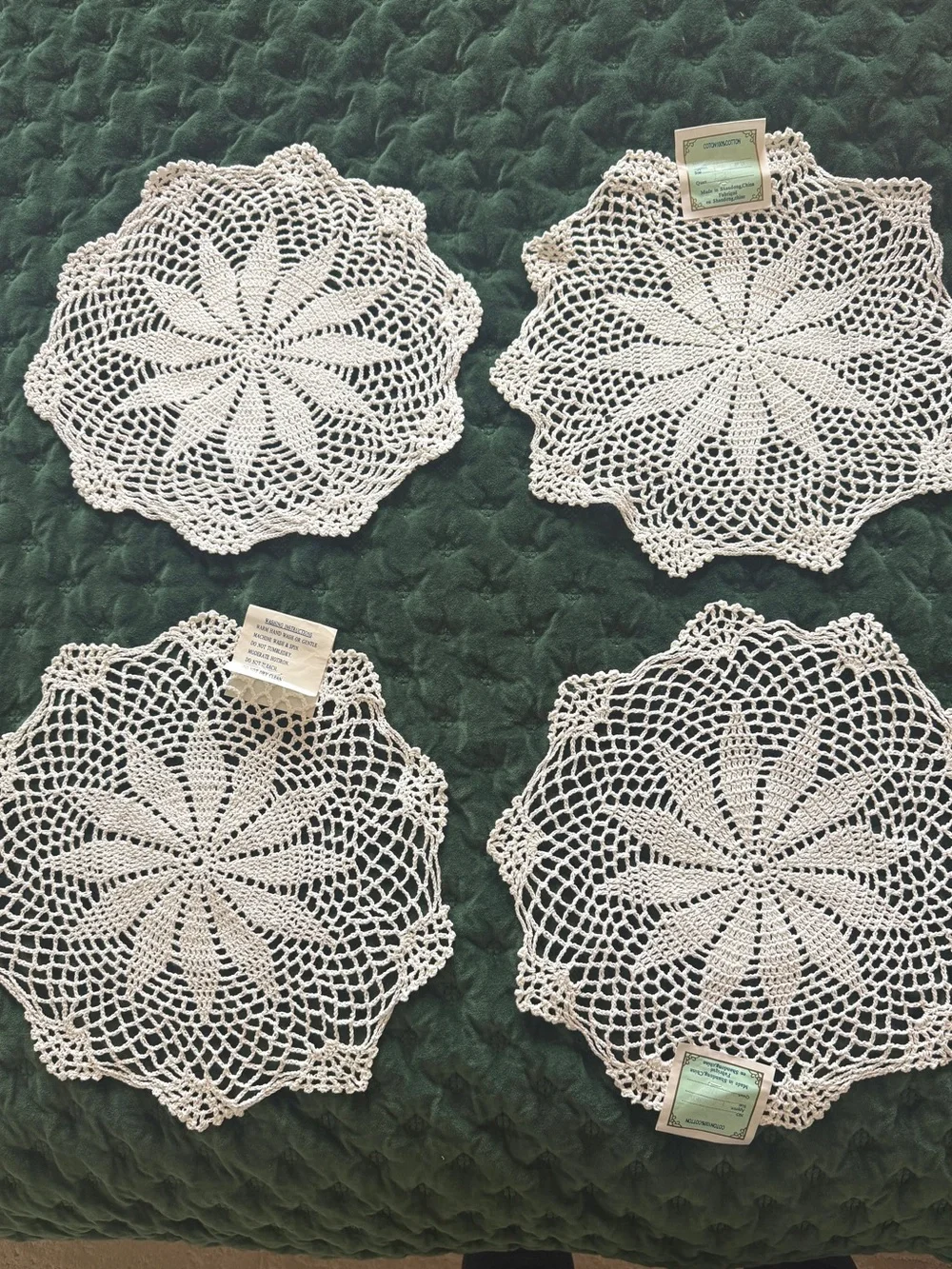 Set of 4 Cotton Crochet Lace Doilies 12” Floral Ecru